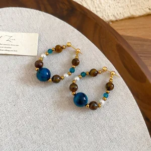 Bohemian tiger eye and pearl bead hoop earrings with vintage silver needles for women