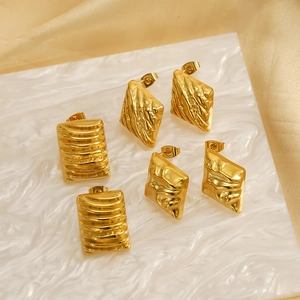 Square striped stainless steel earrings with gold textured finish for women