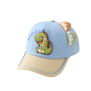 Blue and khaki baby baseball cap with 3D dinosaur spikes and a cartoon dinosaur patch