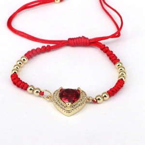 Braided red rope heart bracelet with gold beads and sparkling zircon stone