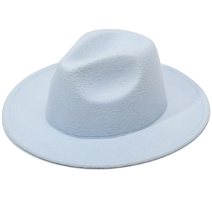 Detail view of light blue wool fedora hat texture and classic wavy brim design