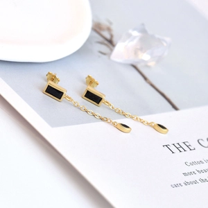 S925 silver needle drop earrings with black zircon tassels and gold chain link design