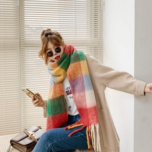 Rainbow checkered scarf with colorful tassels, cozy thick winter shawl for women