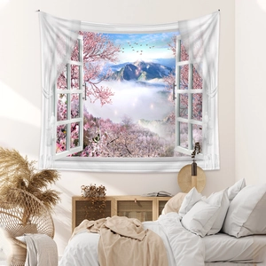 Detailed 3D window tapestry showing snowy mountains and cherry blossoms on a cozy wall