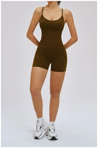Deep olive green yoga set with thin strap racerback sports bra and high waist shorts