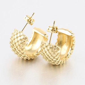 Modern 14K gold plated stainless steel C-shaped hoop earrings with textured dot pattern