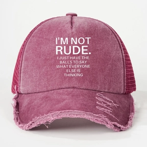 Distressed purple washed mesh baseball cap with bold white typography print design