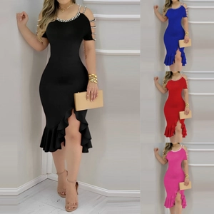 Elegante Bodycon Midi Jurk Voor Dames Kunstparel Versiering Off Shoulder Ruches Zoom Hoge Split Party Avondjurk