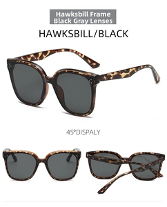 Three-angle view of oversized tortoiseshell sunglasses with dark gray lenses