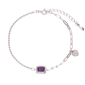 S925 sterling silver bracelet with purple rectangular gemstone and heart charm
