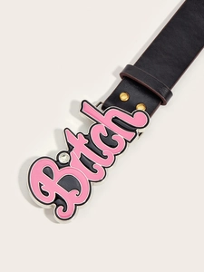 Detail of a punk style black leather belt featuring a bold pink metal Bitch buckle