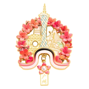 Aimant de frigo tour de Guangzhou en métal doré avec fleurs de kapok et pendentif