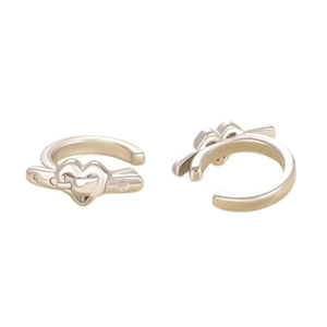 Silver heart-shaped belt buckle earrings in a minimalist hoop style on white background