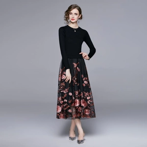 Retro patchwork long sleeve dress with heavy embroidery floral mesh skirt in black