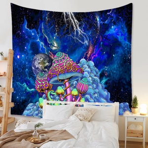 Vibrant psychedelic mushroom tapestry hanging over a bed in a cozy bedroom scene