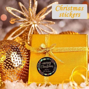 Round Merry Christmas stickers with wreath design on black background for gift packaging