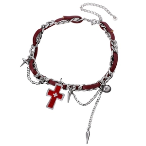 Punk Y2K choker featuring silver metal chains, red leather cord, and cross star pendants