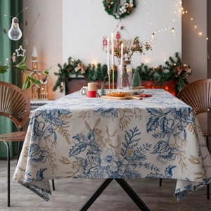 Christmas Printed Tablecloth American Style Rectangular Blended Fabric Table Cloth Holiday Party Home Dining Decor Pine Cone Flower Pattern Dustproof Cover