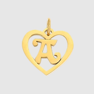Golden heart-shaped pendant with cursive letter A cutout on a clean white background