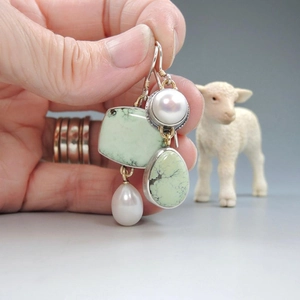 Handmade S925 silver drop earrings with light green natural stones and white pearls