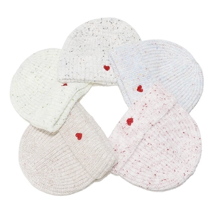 Space-dye knit beanies with red heart embroidery and cuffed design in five soft colors
