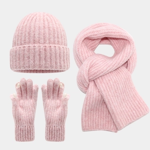 Pink marl knit set detail showing beanie, scarf and touch screen gloves texture