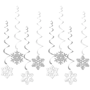 Glittering silver and white snowflake ornaments with spiral hanging swirls for winter parties
