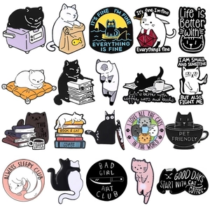 Cartoon Cat Enamel Pin Cute Alloy Brooch Funny Coffee Book Kitty Badge Lapel Jewelry Decorative Accessory