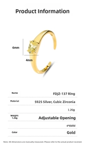 Detailed view of an adjustable S925 silver ring featuring a 4*6mm yellow zirconia gem