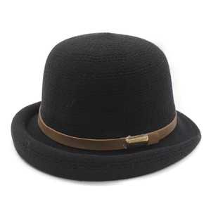 Classic black knitted bowler hat with a brown decorative band and metal buckle