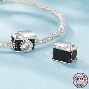 Retro S925 sterling silver camera charm with zircon stone on silver mesh bracelet