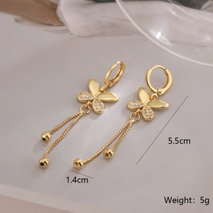 Detail view of 18K gold plated butterfly earrings with crystal tassels and 5.5cm size info