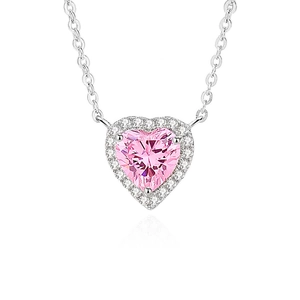 S925 sterling silver necklace with pink heart-shaped gemstone and crystal halo