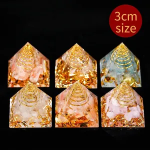 Set of six handcrafted 3cm Orgonite energy pyramids with healing crystals and metal coils