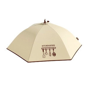 Foldable beige kitchen food cover umbrella with bird handle and kitchenware print