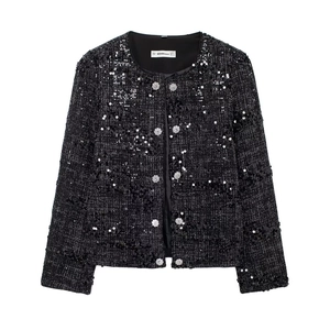 Damen Tweed Jacke Mit Pailletten Rundhals Langarm Kristallknöpfen Elegante Lady Style Oberbekleidung Blazer