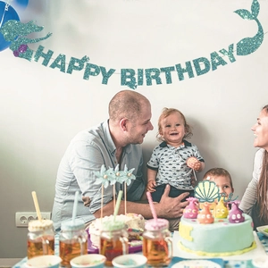 Blue glitter mermaid Happy Birthday banner and cake topper set for party decor