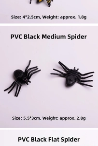 Realistic black PVC spider toy specifications showing sizes 5.5x3cm and 4x2.5cm details
