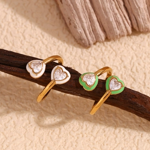 18K gold plated heart rings with white and green enamel borders and heart-shaped zircons