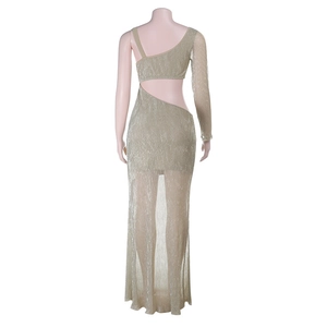 Detail of the back view of a champagne gold sparkly maxi dress with cut-out waist design