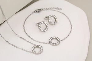 Silver stainless steel jewelry set with crystal pavé circle necklace and bracelet