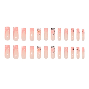 Floral French press-on nails with 3D pearls and pink gradient design, 24-piece set