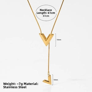 Detail view of gold V-shaped stainless steel necklace with size and weight annotations