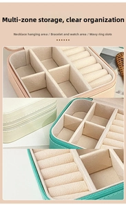 Three-tier detail of portable PU leather jewelry box showing interior compartments and colors