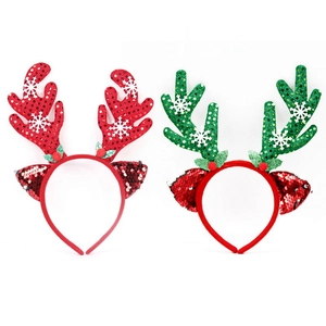 Pair of Christmas reindeer antler headbands with festive red and green sequins