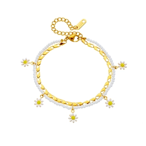 Double-layer stainless steel anklet with gold chain, white beads and daisy charms