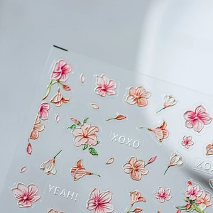 Japanese style 3D floral nail art stickers with pink flowers and embossed text
