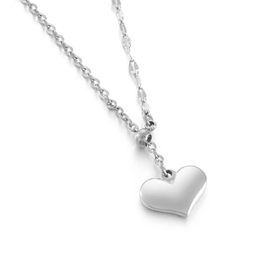 Minimalist silver heart pendant necklace in polished titanium steel on white background