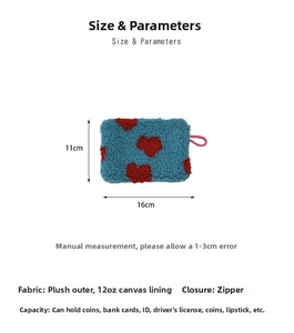 Blue plush heart coin purse with 12oz canvas lining and pink strap, size 16x11cm
