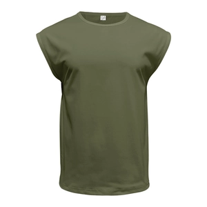 Detail of army green sleeveless fitness tank top showing neck stitching and size label
